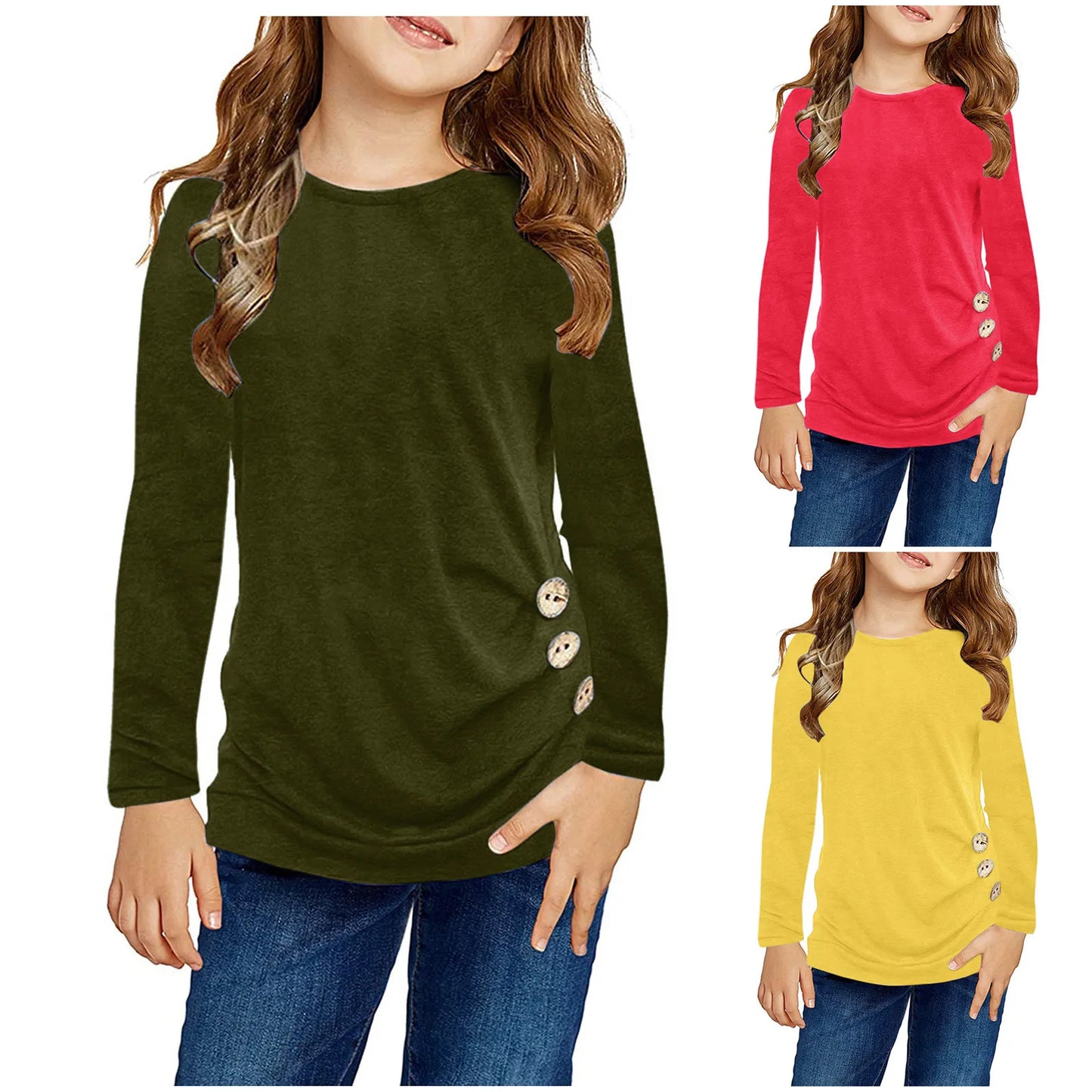 Kids Girls Casual Tunic Tops Knot Front Button  Loose Blouse Autumn Winter T-Shirt