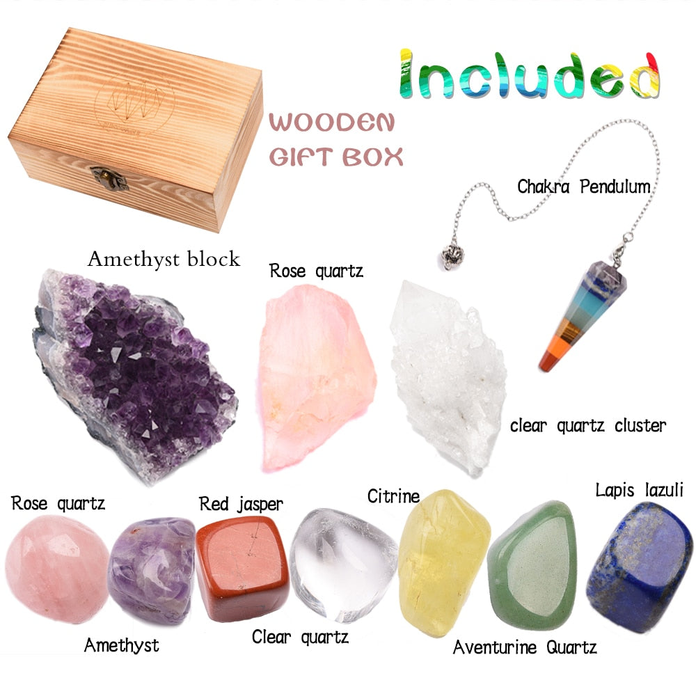 Natural Amethyst Seven chakras therapy stone wooden gift - peterkaczconnect