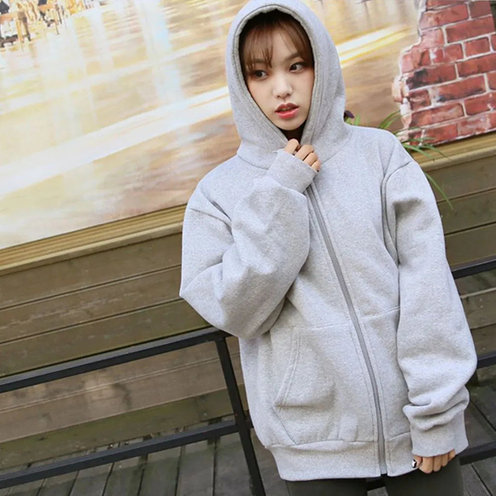 Fleece Hooded Sweatshirt Autumn Winter Loose Zip Up