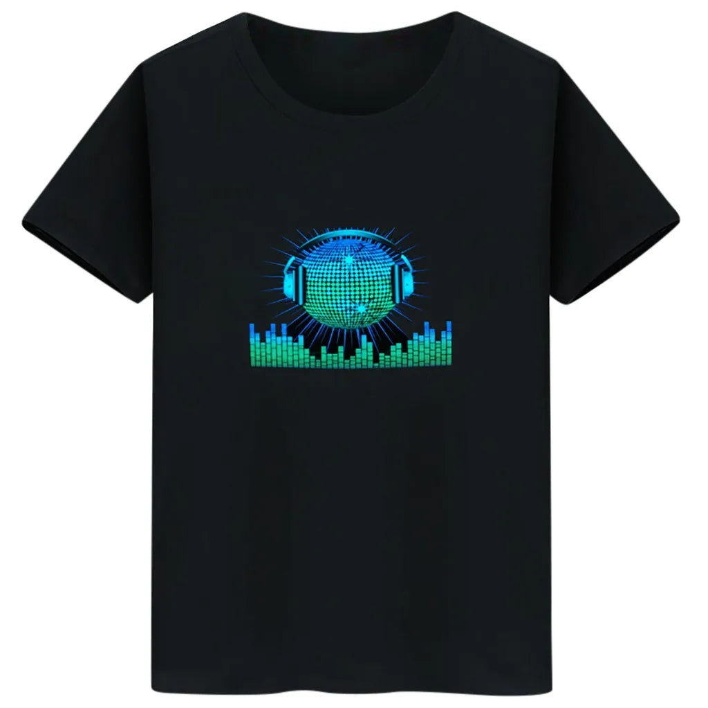 Men Disco Sound Activated Light Up Short Sleeve Night T-shirts