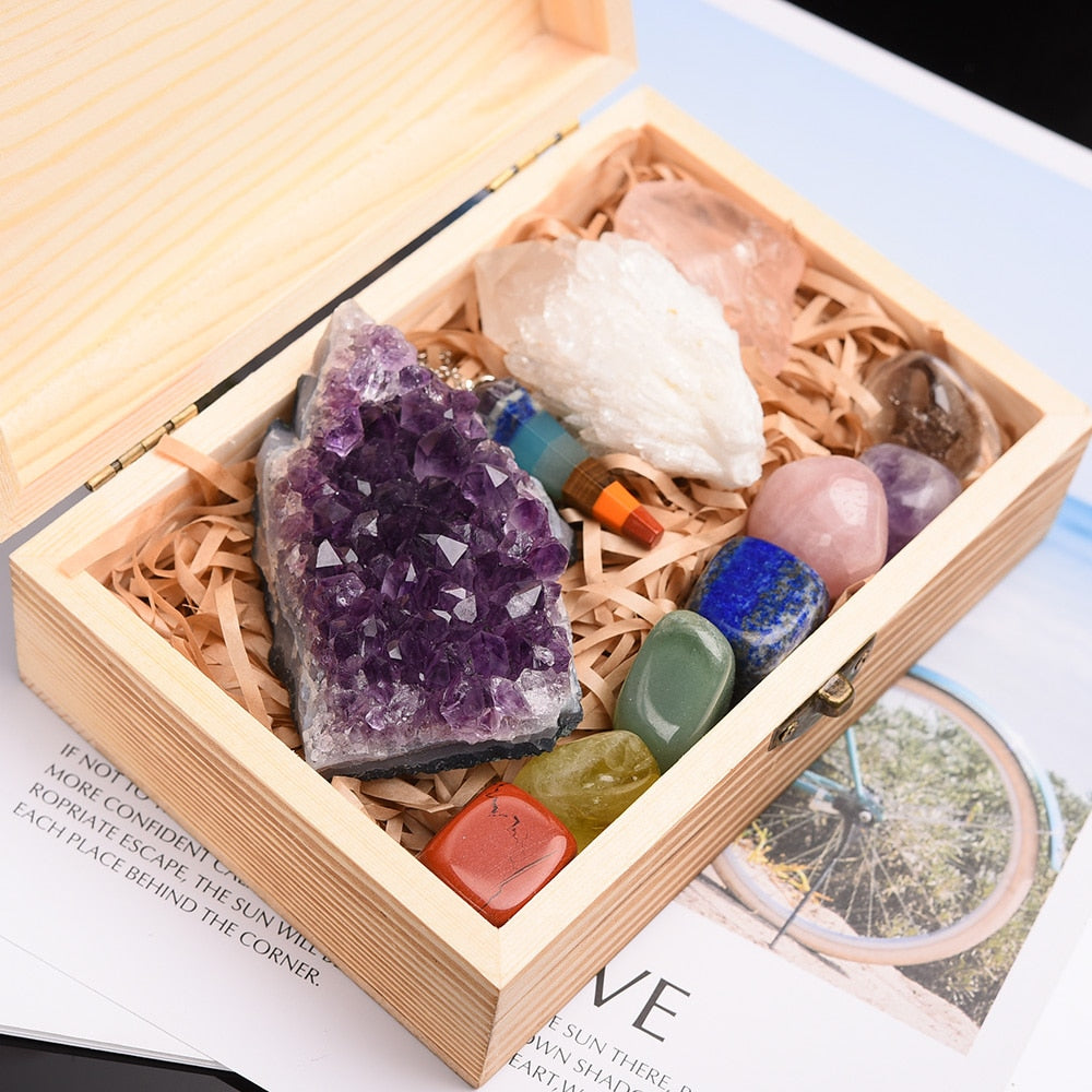 Natural Amethyst Seven chakras therapy stone wooden gift - peterkaczconnect