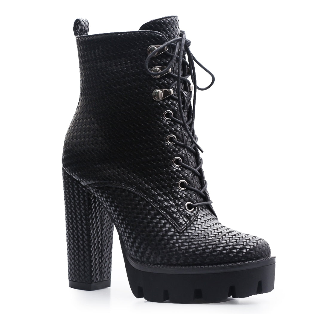 Women Ankle Boots Lace Chunky Heel Side Zipper - peterkaczconnect