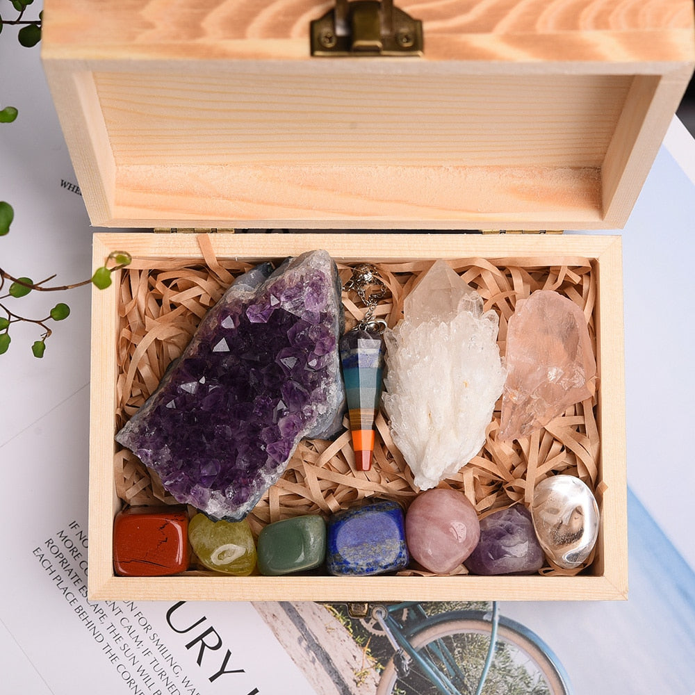 Natural Amethyst Seven chakras therapy stone wooden gift - peterkaczconnect