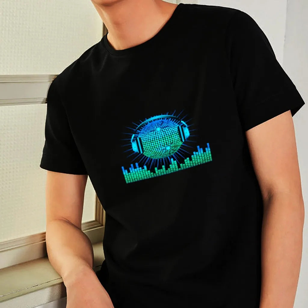 Men Disco Sound Activated Light Up Short Sleeve Night T-shirts