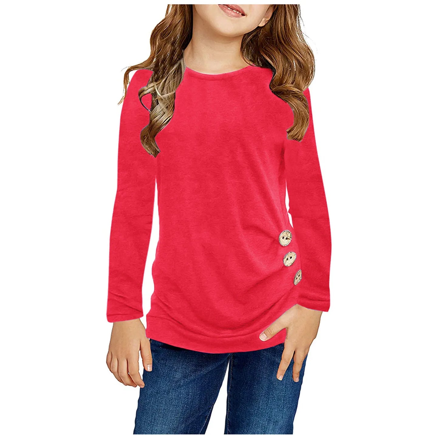 Kids Girls Casual Tunic Tops Knot Front Button  Loose Blouse Autumn Winter T-Shirt