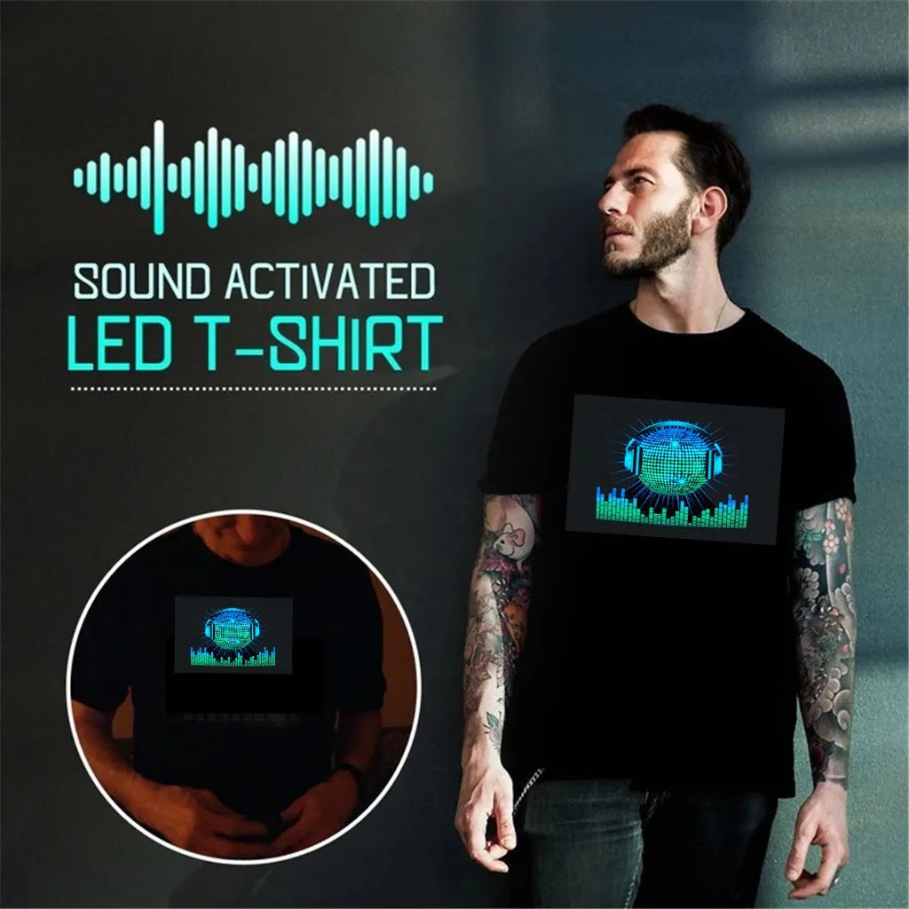 Men Disco Sound Activated Light Up Short Sleeve Night T-shirts