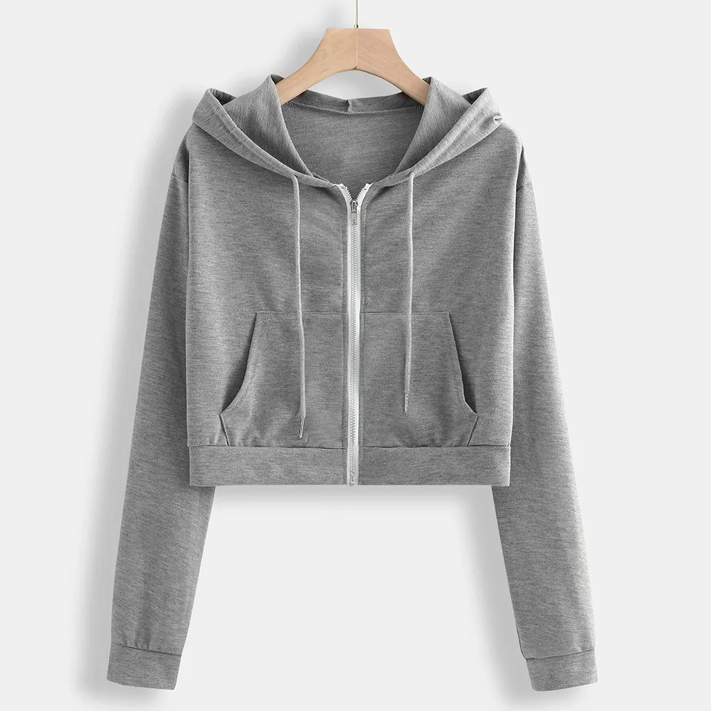 Crop Top Hoodies Zip-up Women Hoodies Pockets