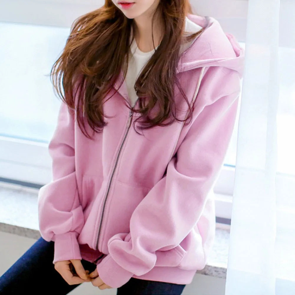 Fleece Hooded Sweatshirt Autumn Winter Loose Zip Up