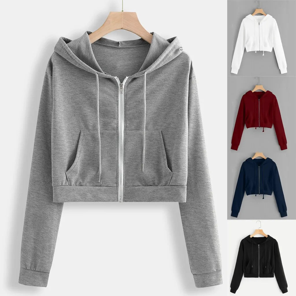 Crop Top Hoodies Zip-up Women Hoodies Pockets