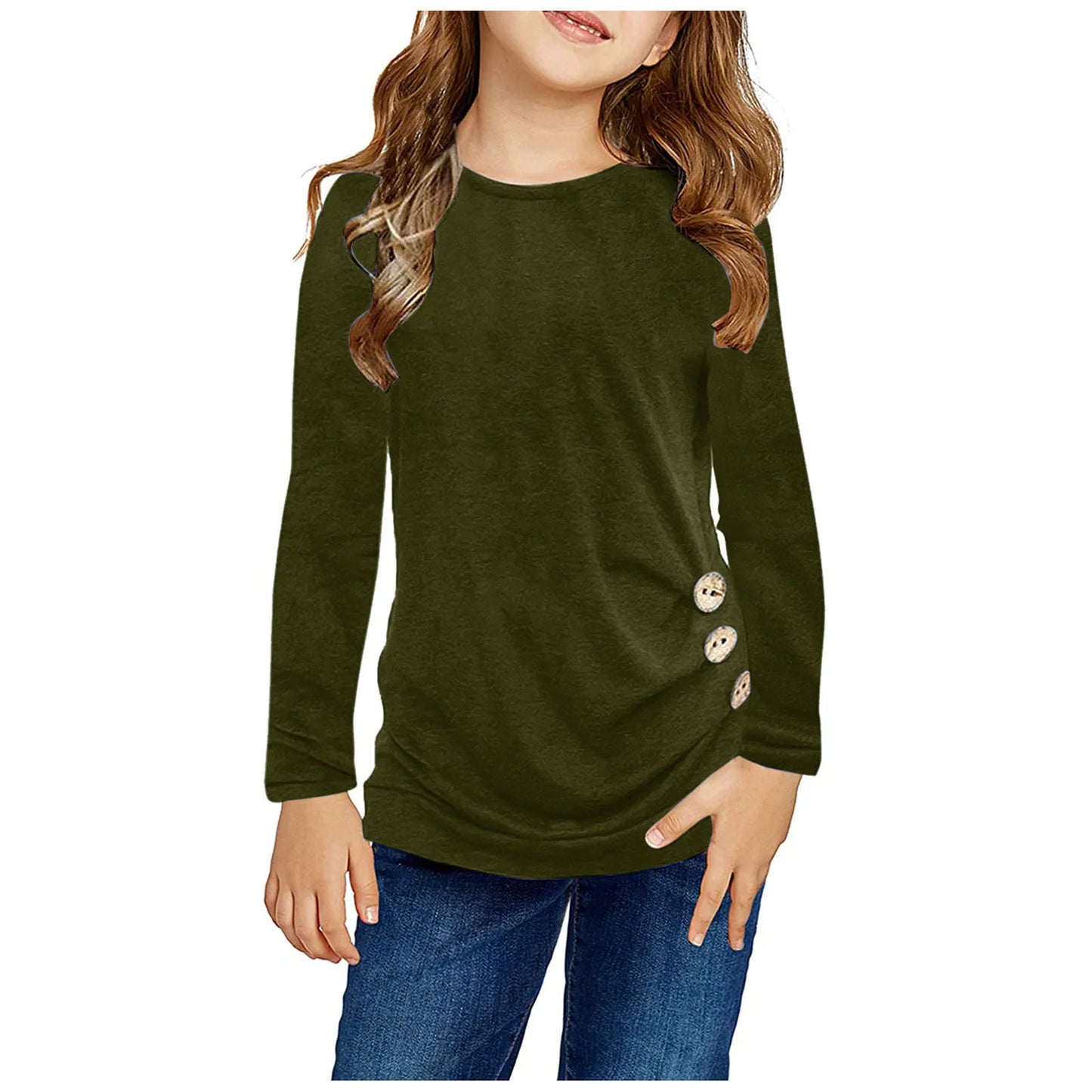 Kids Girls Casual Tunic Tops Knot Front Button  Loose Blouse Autumn Winter T-Shirt