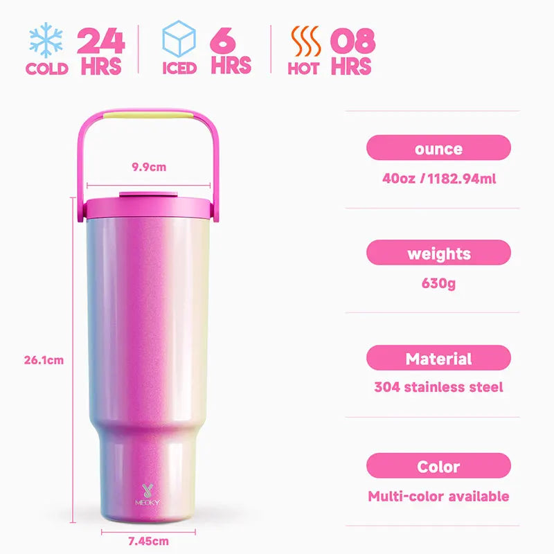 Meoky 40oz Handle Tumbler Thermal Water Bottle Rainbow Color