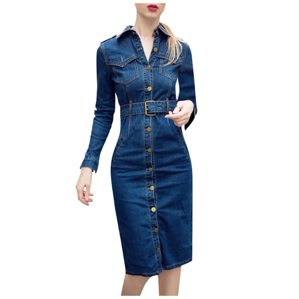 Summer Long Sleeve Denim Dress Mid-Cuff