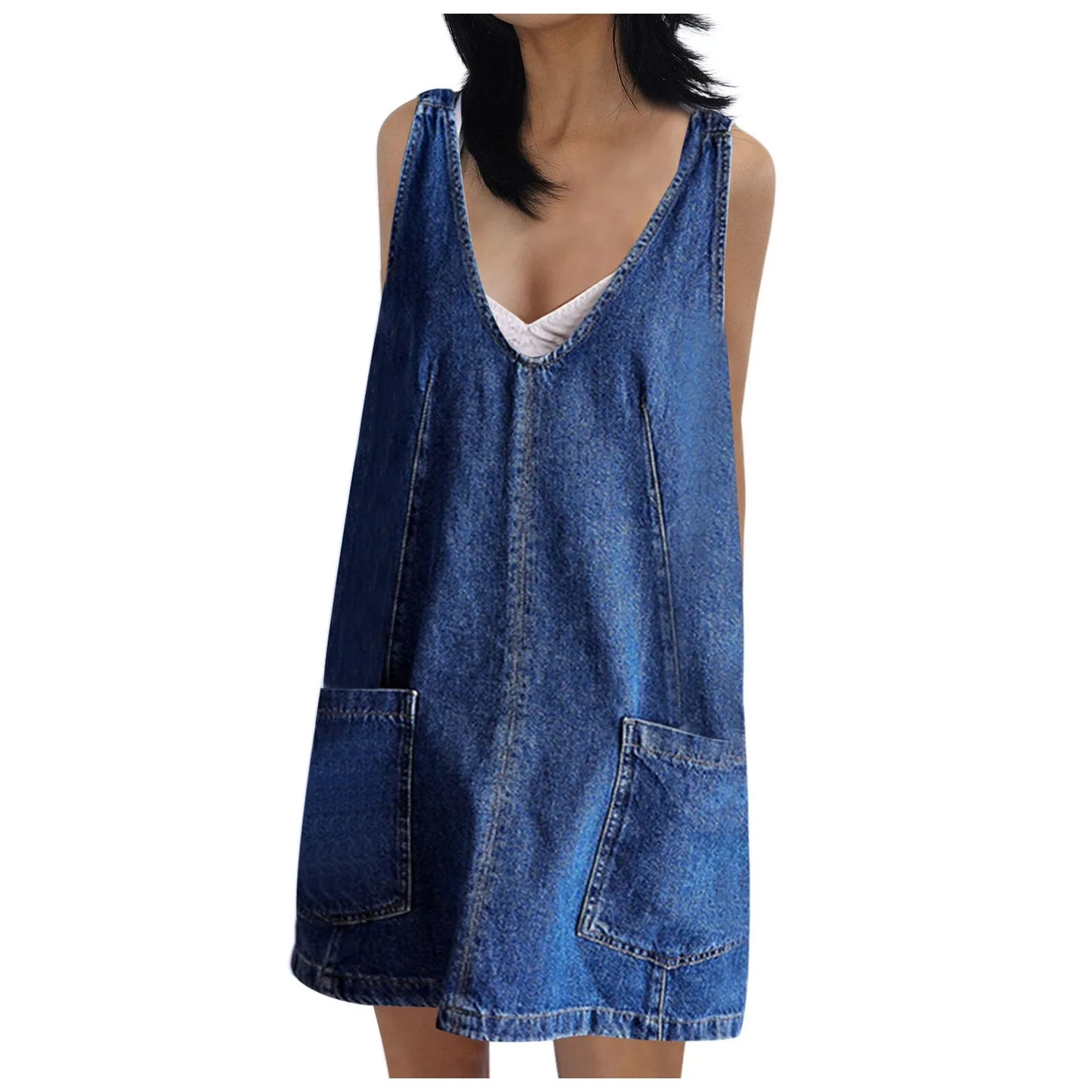 Jean Dress Pants Camisole Button Pocket Loose Washed Denim Dress