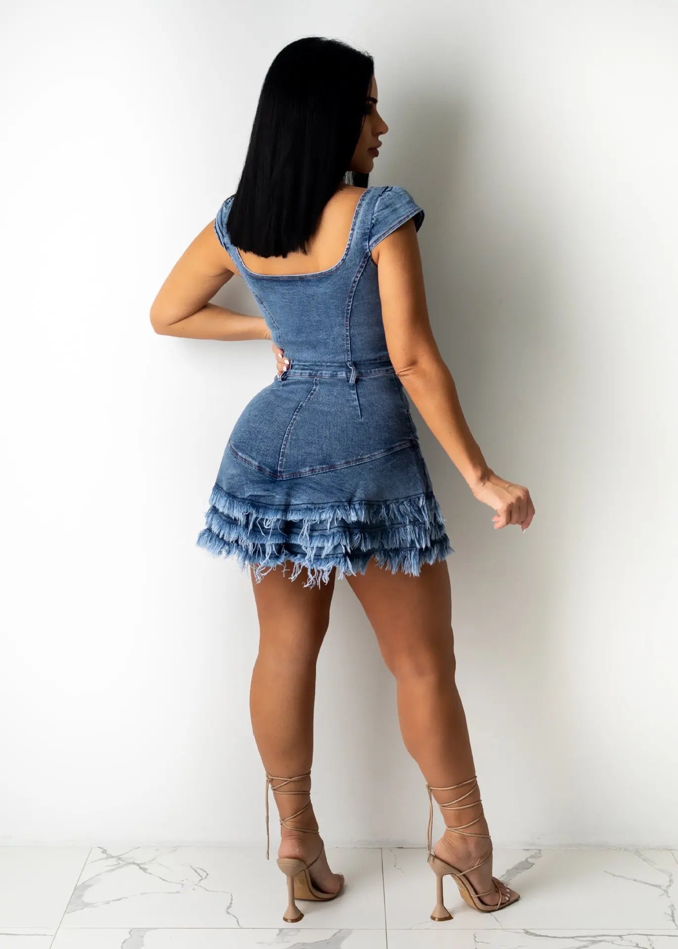 Denim Short Sleeve Square Neck Button Pocket Tassel Tiered  Mini Dress