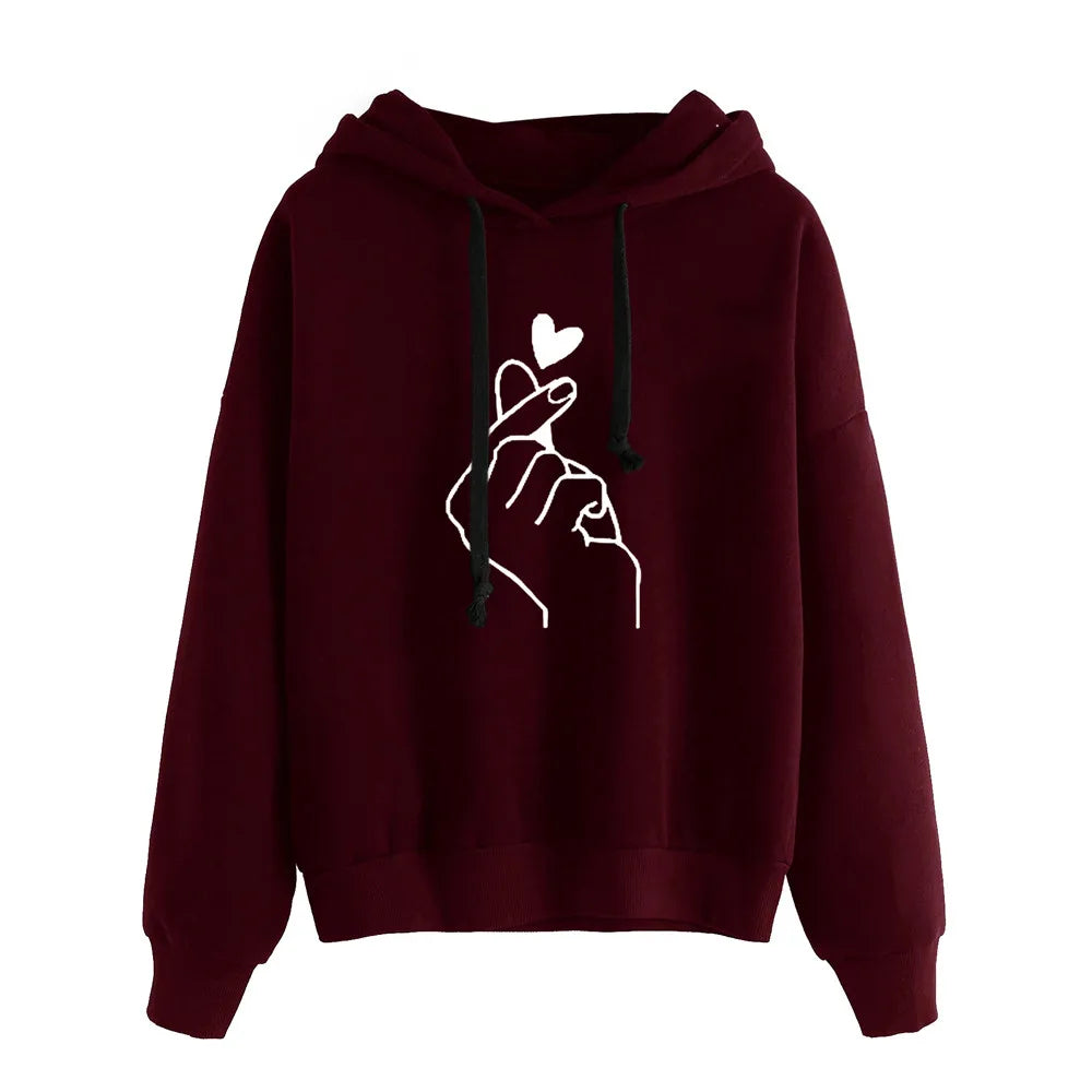 Long Sleeve Heart Print Hoodie Blouse Women