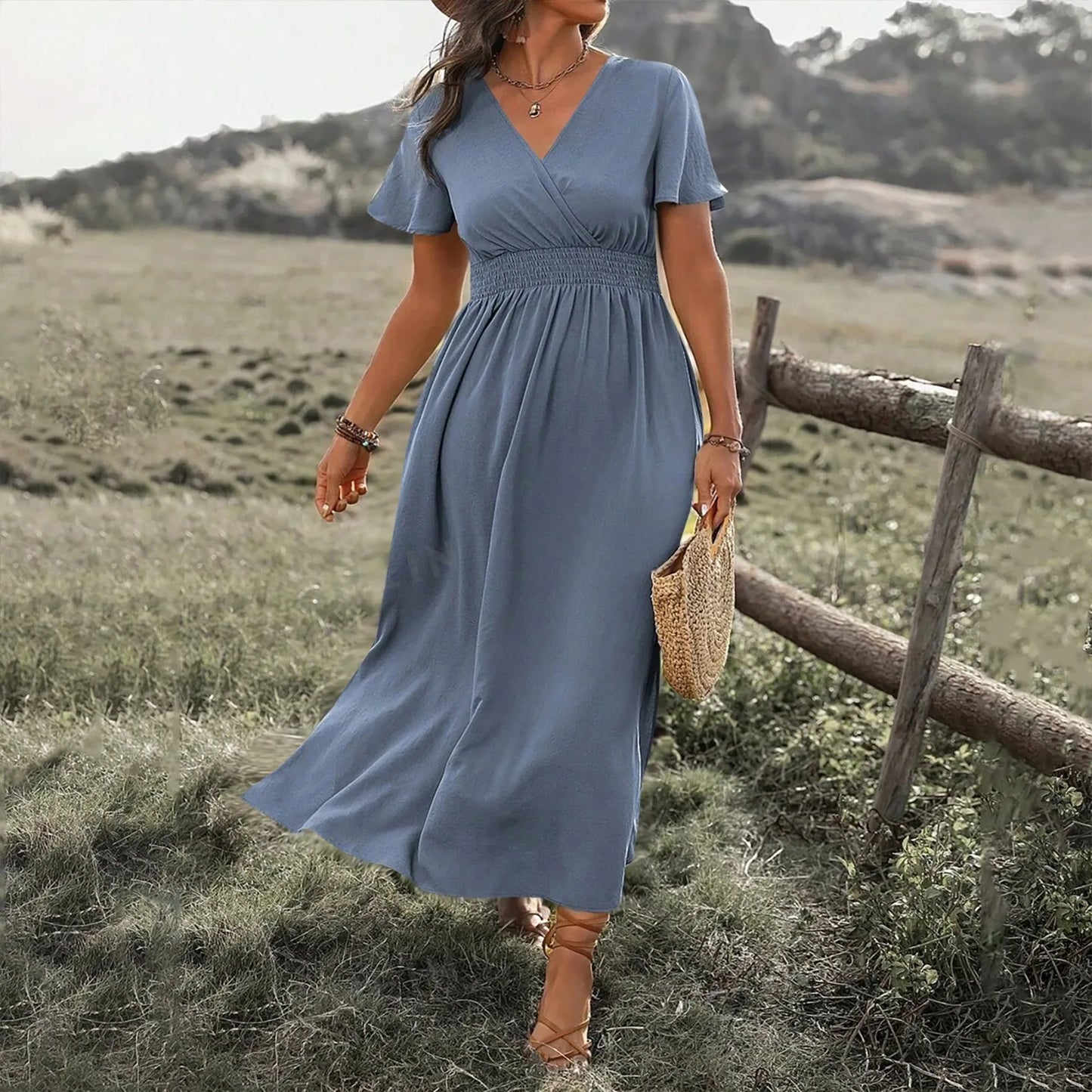 Summer Dress Fashion Waist Maxi Dress Sexy V Neck Side Slit