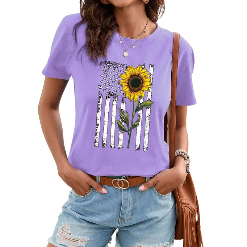 T-shirt Sunflower Print Garden Collar Short Sleeve Top - peterkaczconnect