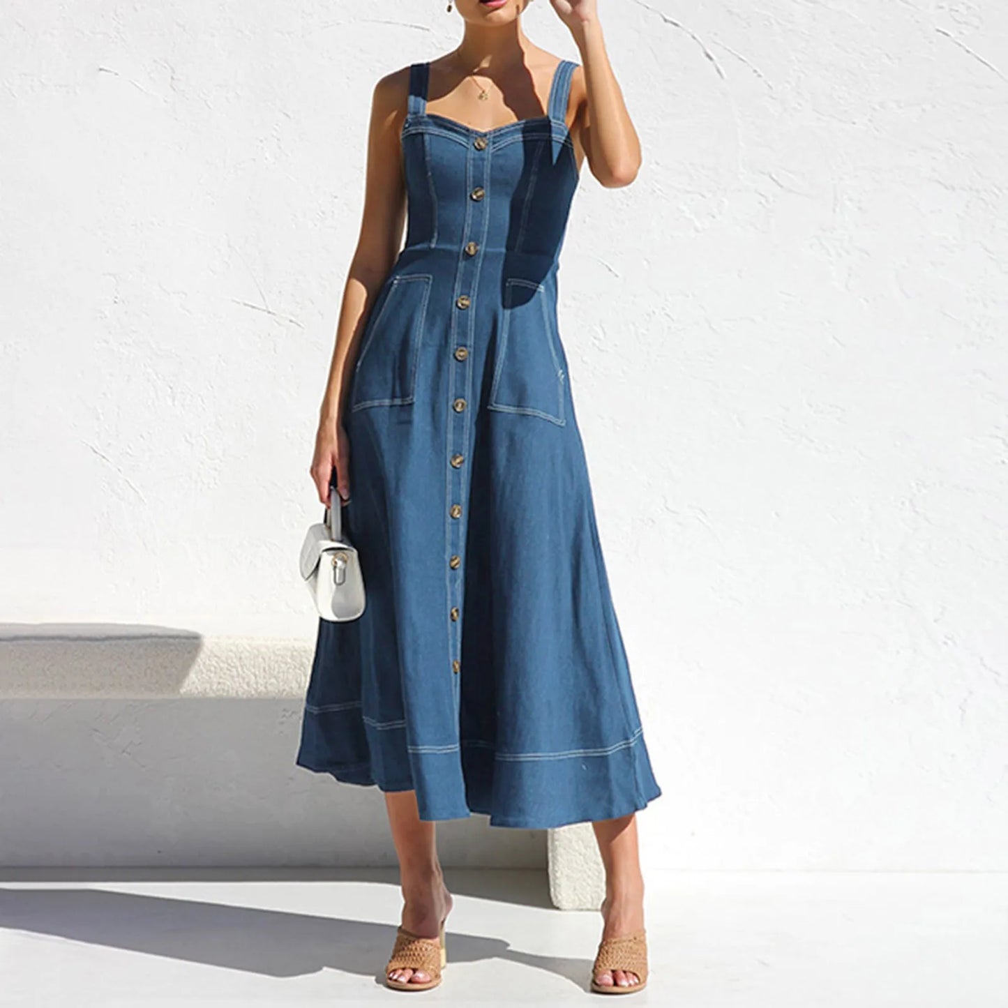 Long Denim Dress  Suspender Casual Button