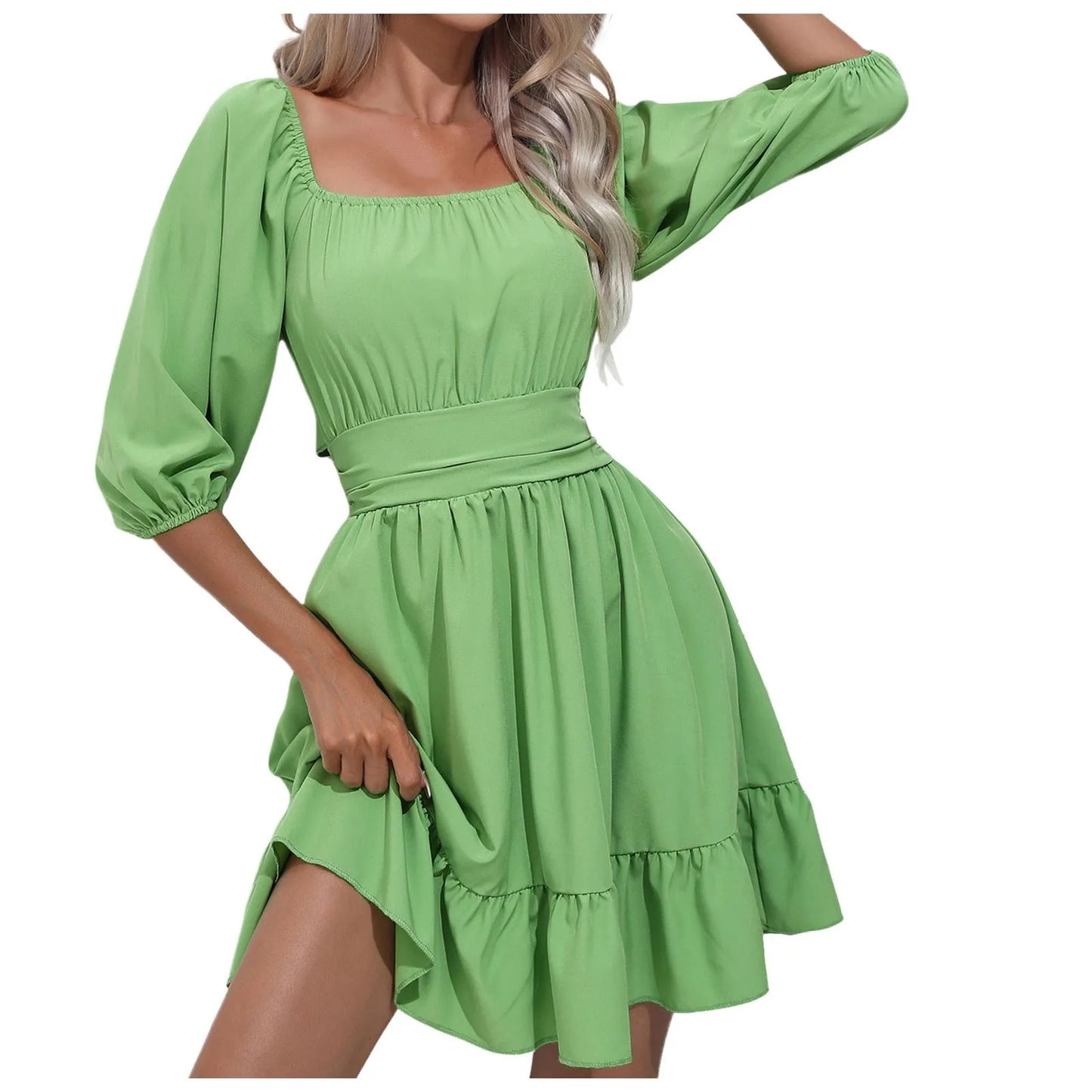 Slim Waist Mini Dress Square Collar Puff Half Sleeve Short Dress