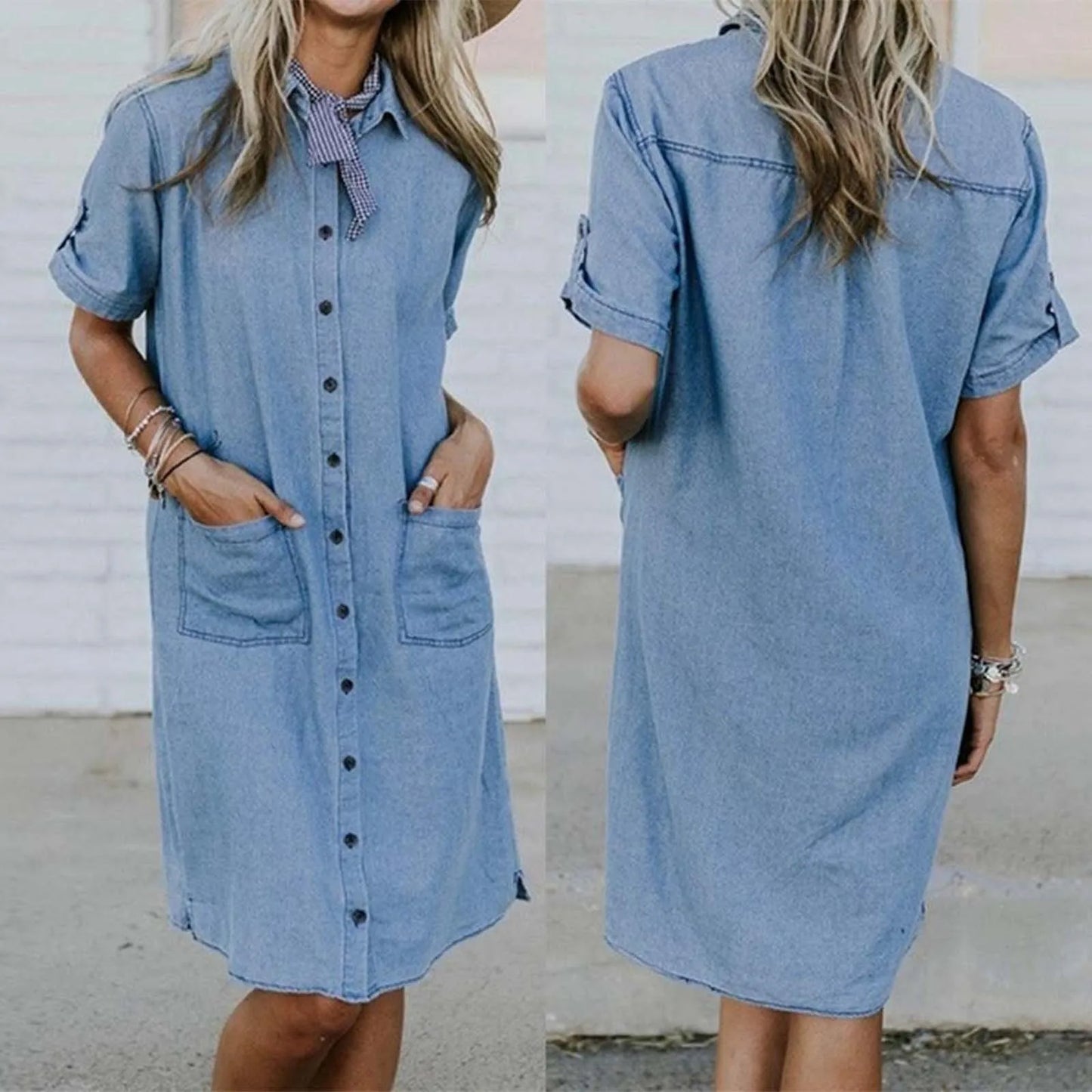 Lady's lapel short sleeve denim midi shirt