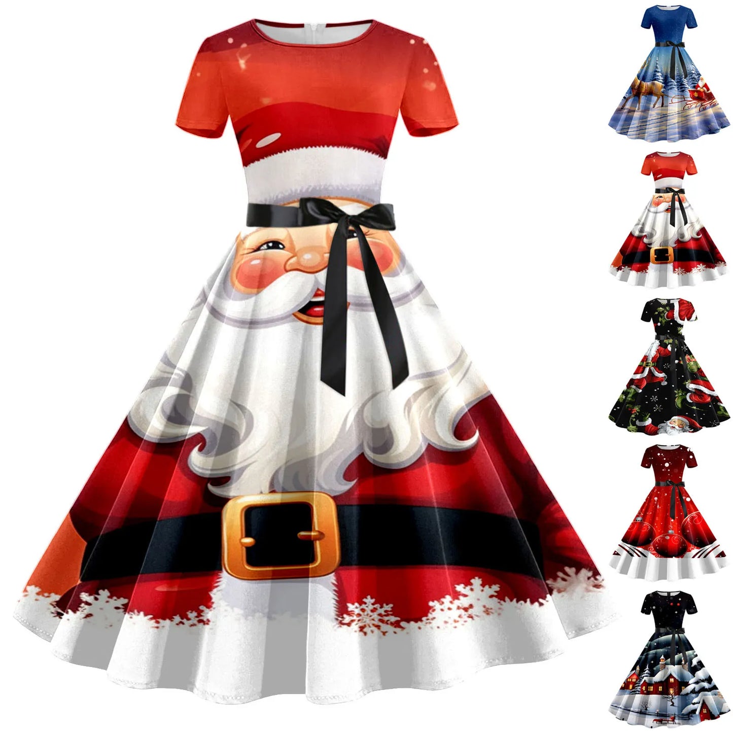 Red Christmas Dress Santa Claus Printed Cocktail Party Dress