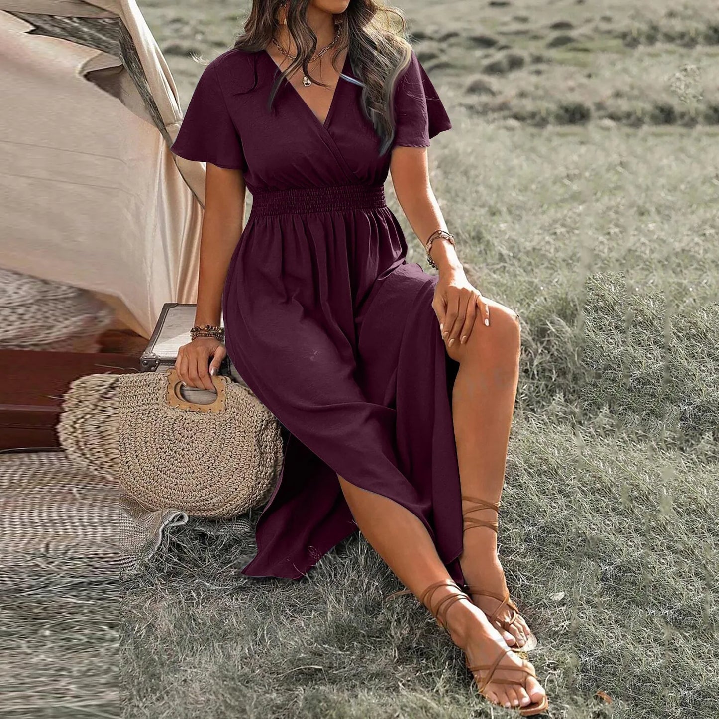 Summer Dress Fashion Waist Maxi Dress Sexy V Neck Side Slit