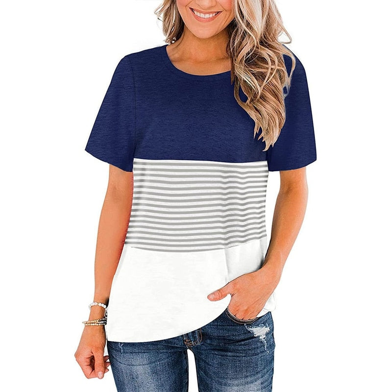 Women Round Neck Triple Color Block Stripe T-Shirt - peterkaczconnect