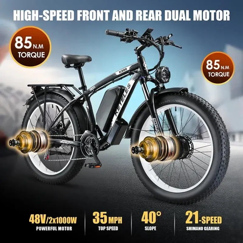 Dual Motor, Two Wheel Drive Battery, Off-Road Fat Tire, E-Bike