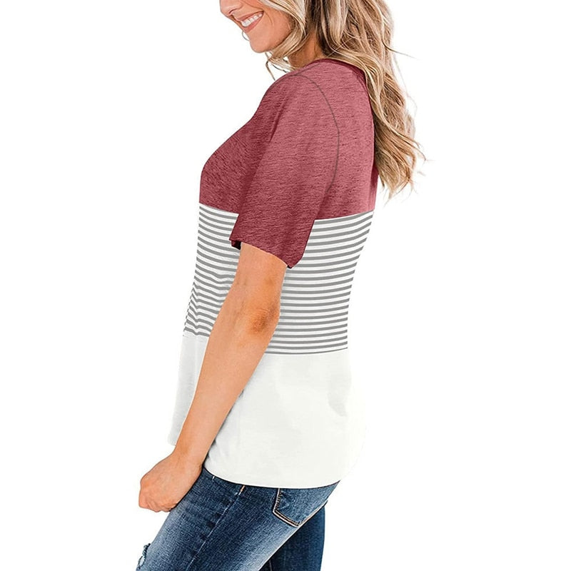 Women Round Neck Triple Color Block Stripe T-Shirt - peterkaczconnect