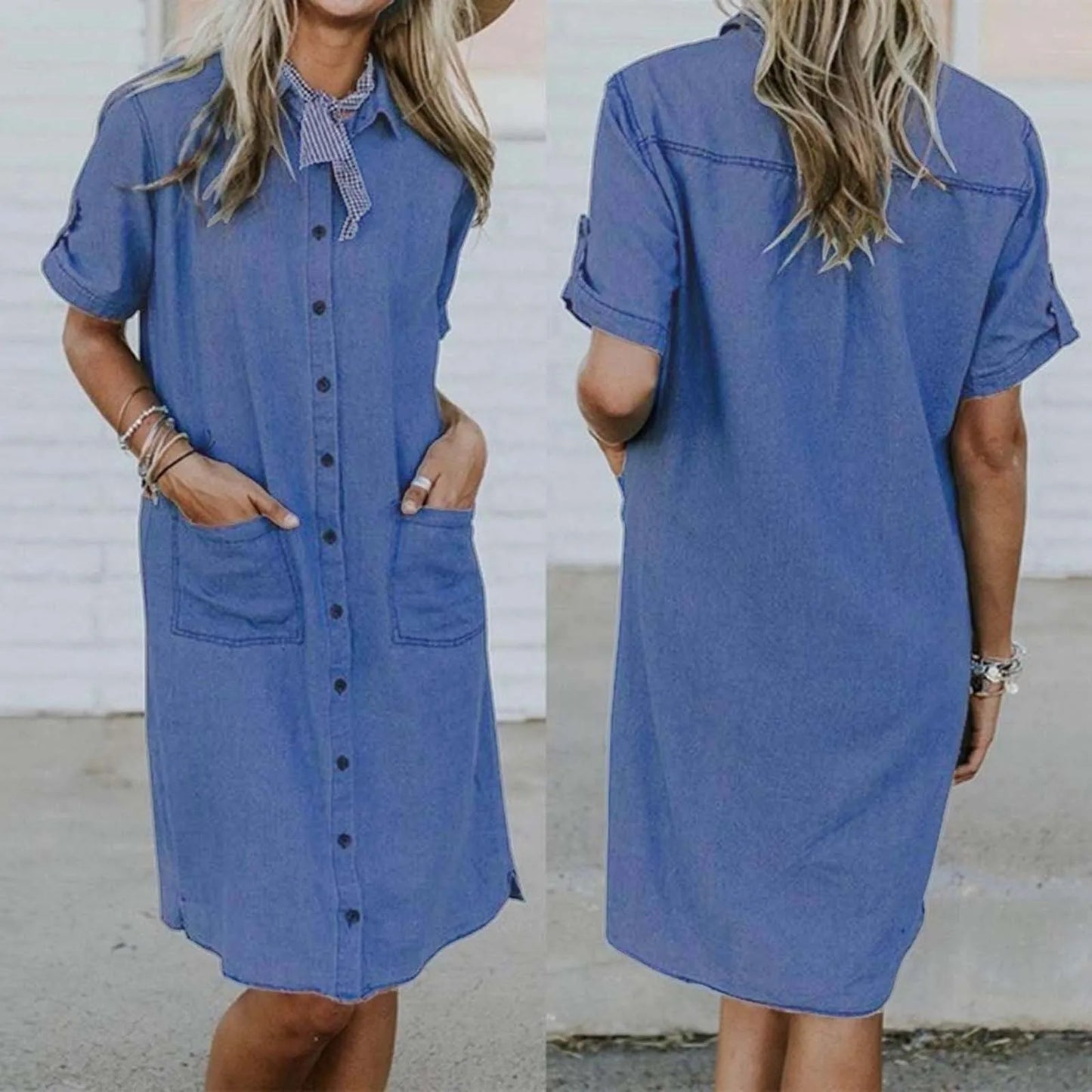 Lady's lapel short sleeve denim midi shirt