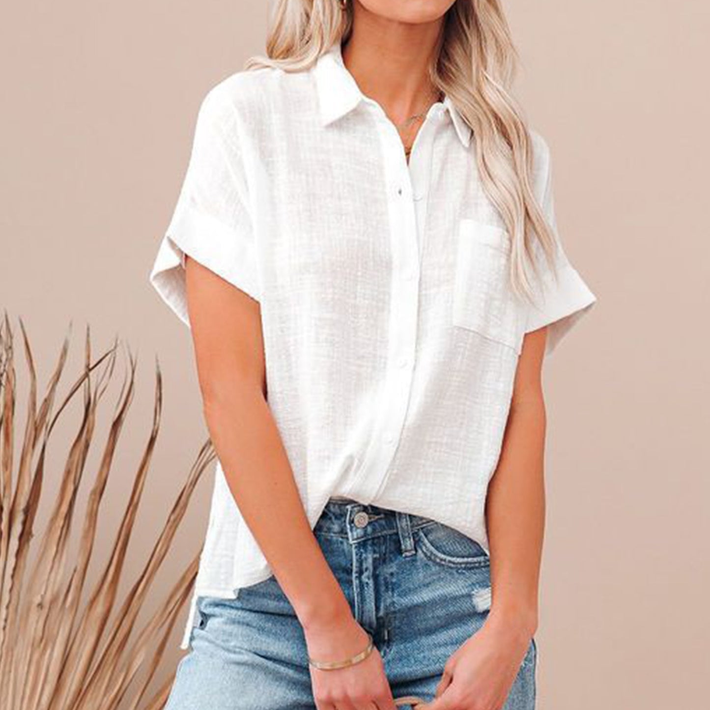 Pocket Solid Color Short Sleeve Blouses Button Down