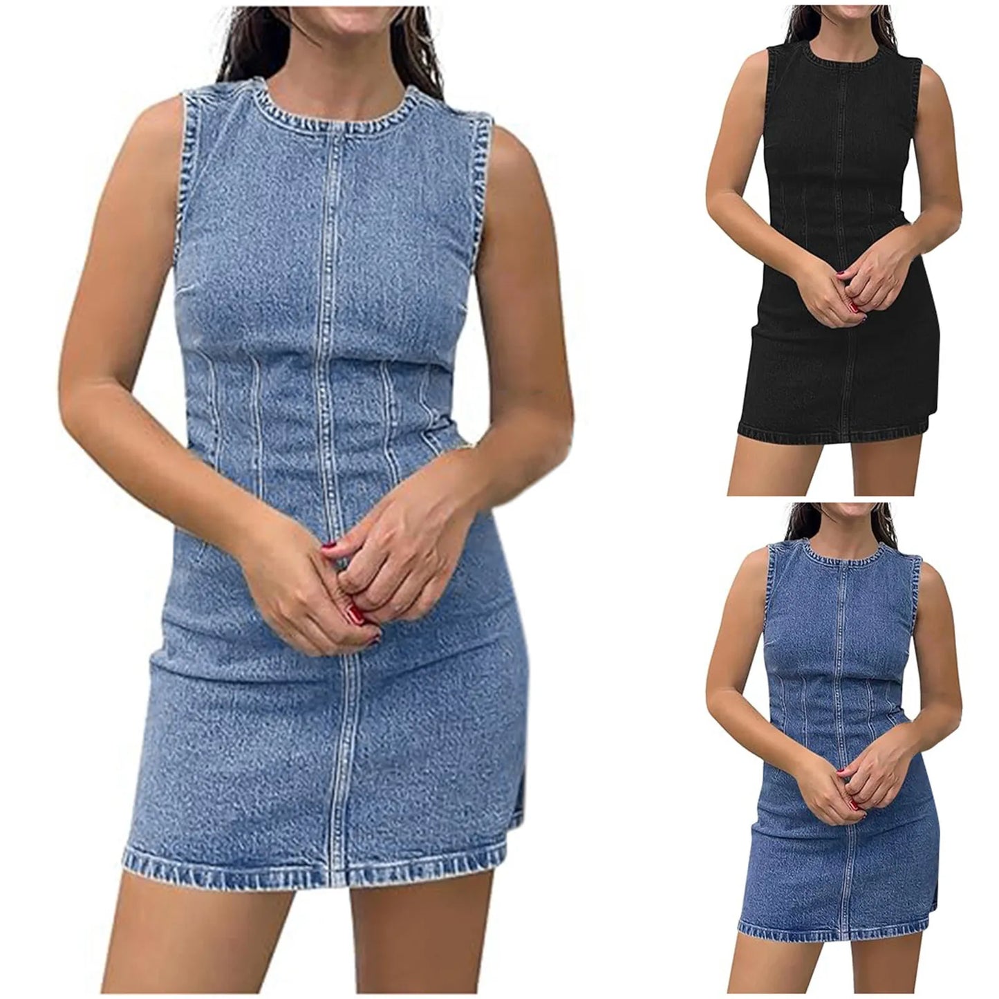 Elegant Woman Dress  Buttocks Wrapped Fashion High Waisted Mid Length Denim Dress