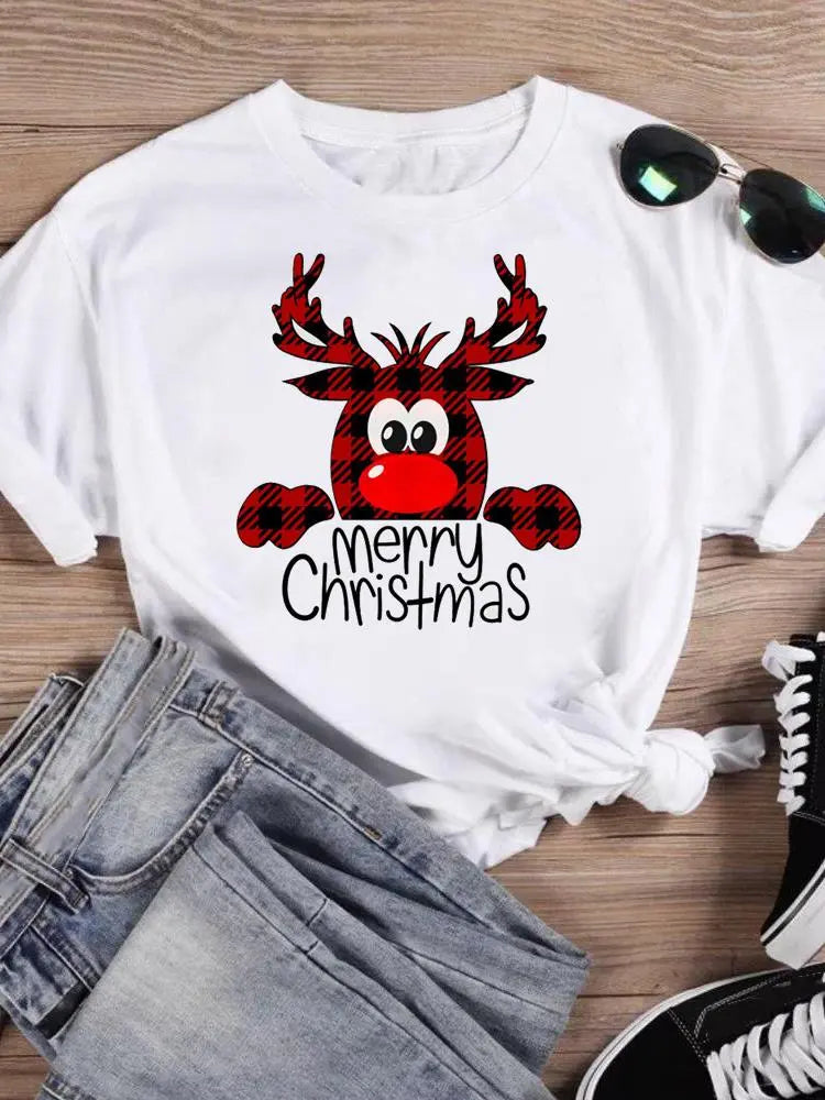 Christmas Merry Plaid Deer Print T Top