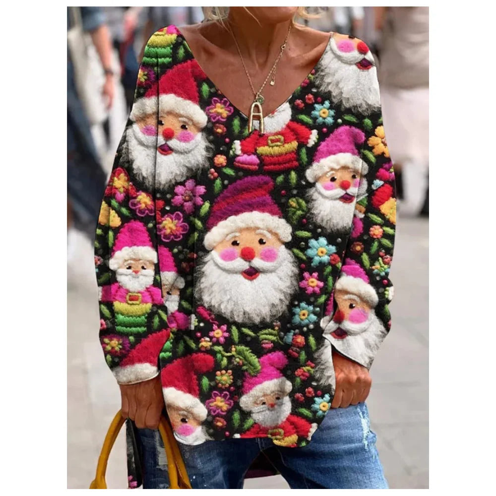 Christmas Women's T Shirt 3d Santa Pattern Print Long Sleeve