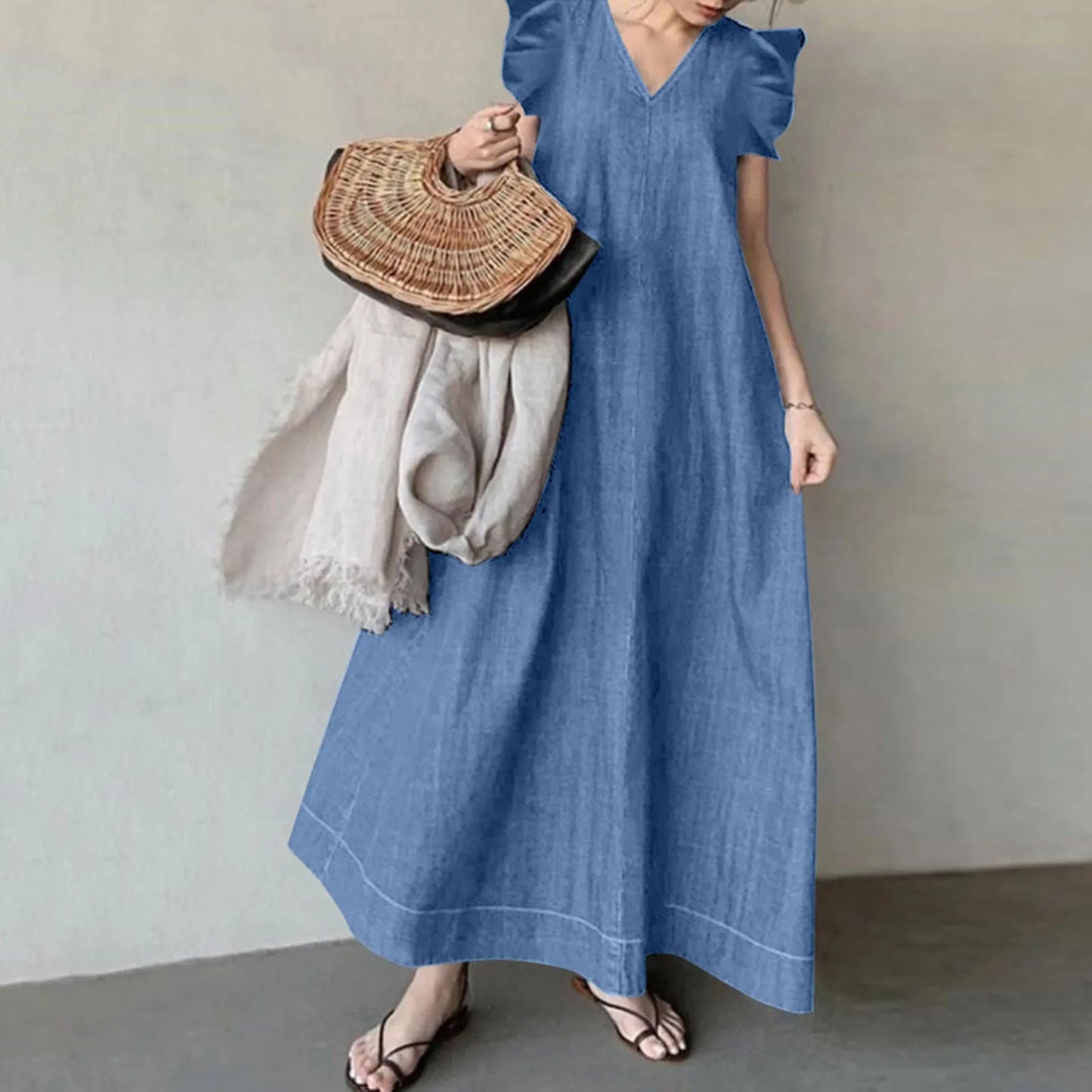 Women Loose Denim Dresses Ruffles Short Sleeve