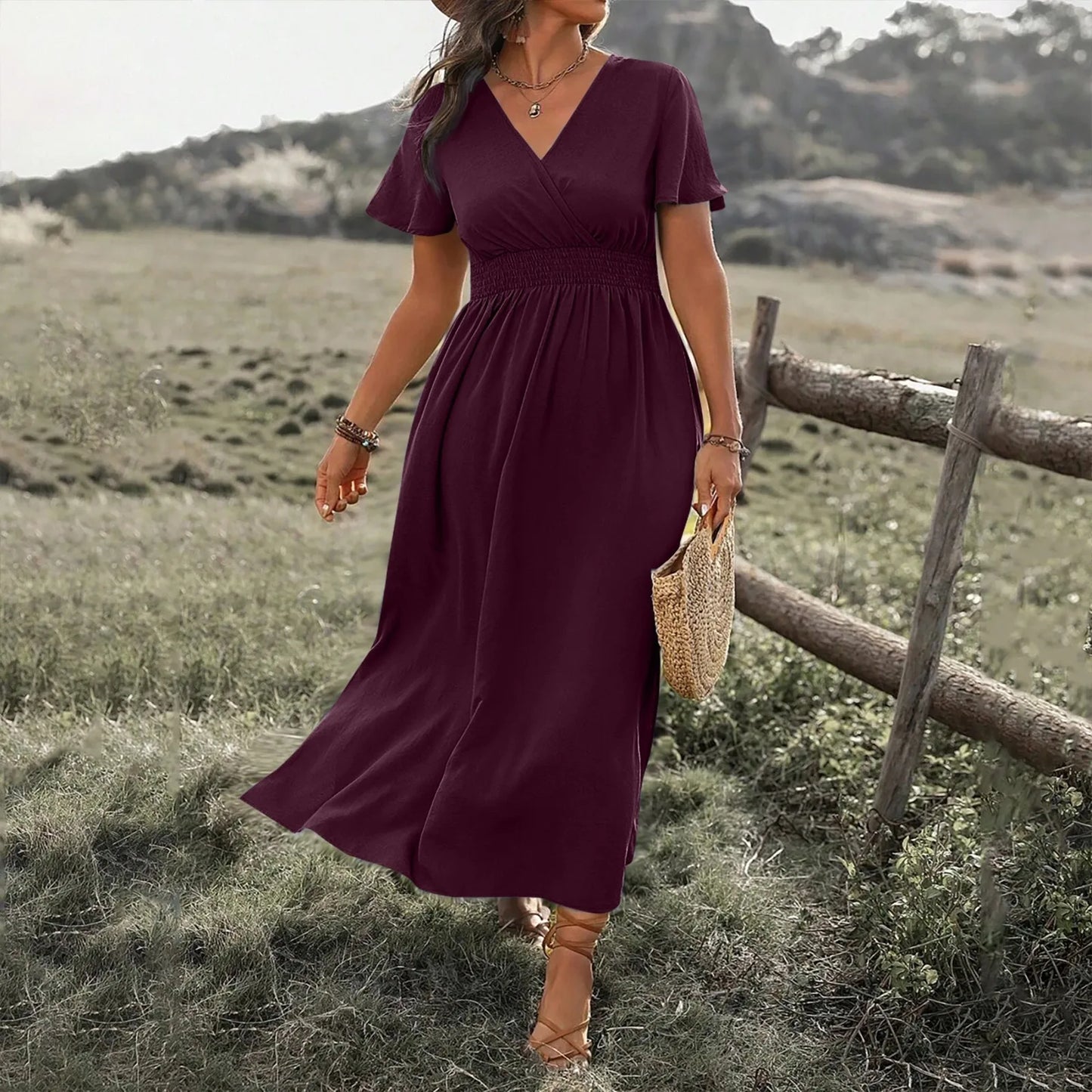 Summer Dress Fashion Waist Maxi Dress Sexy V Neck Side Slit