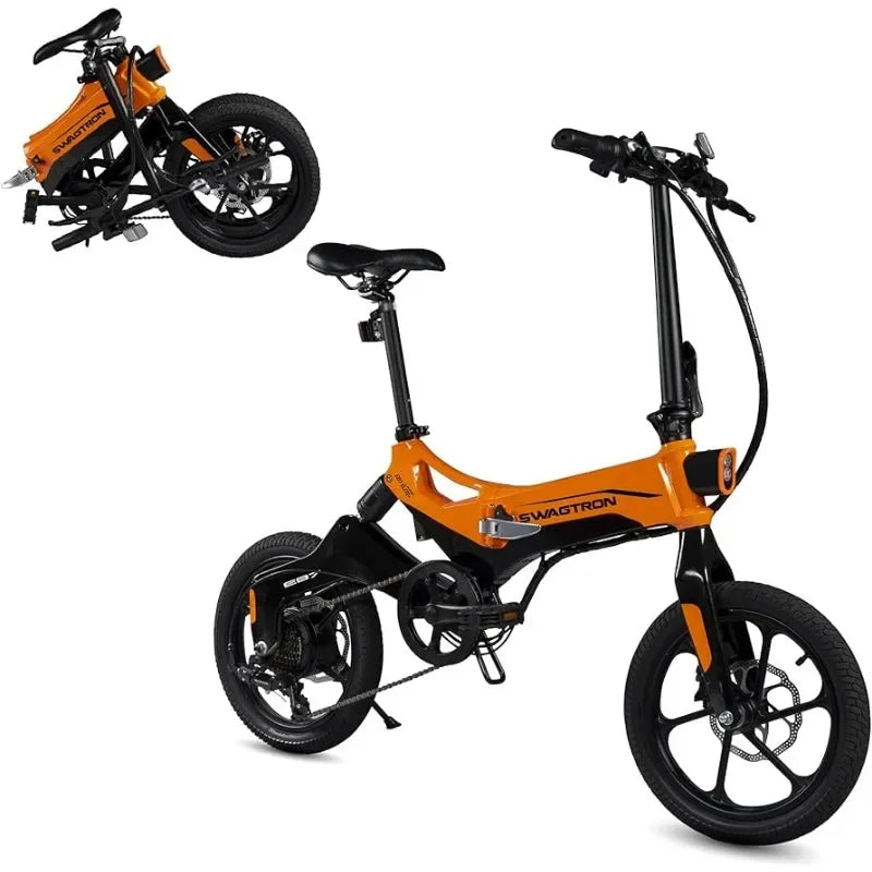 Folding Electric Bike with Removable Battery, Orange/Black, 16" Wheels, 7-Speed