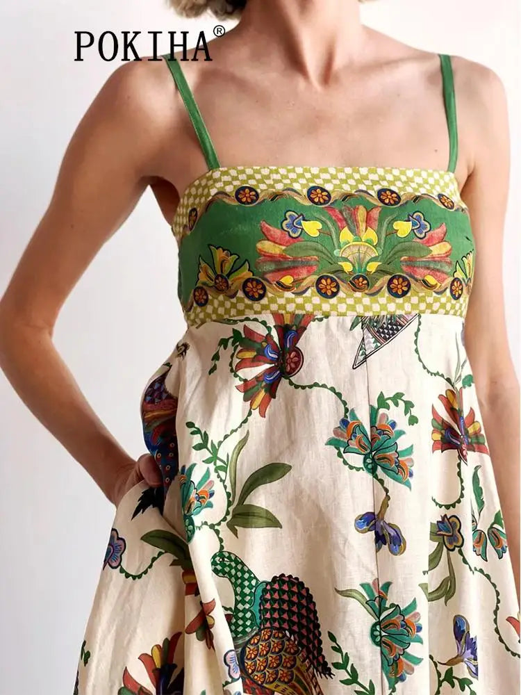 Holiday Vintage Birds Printed Long Dresses