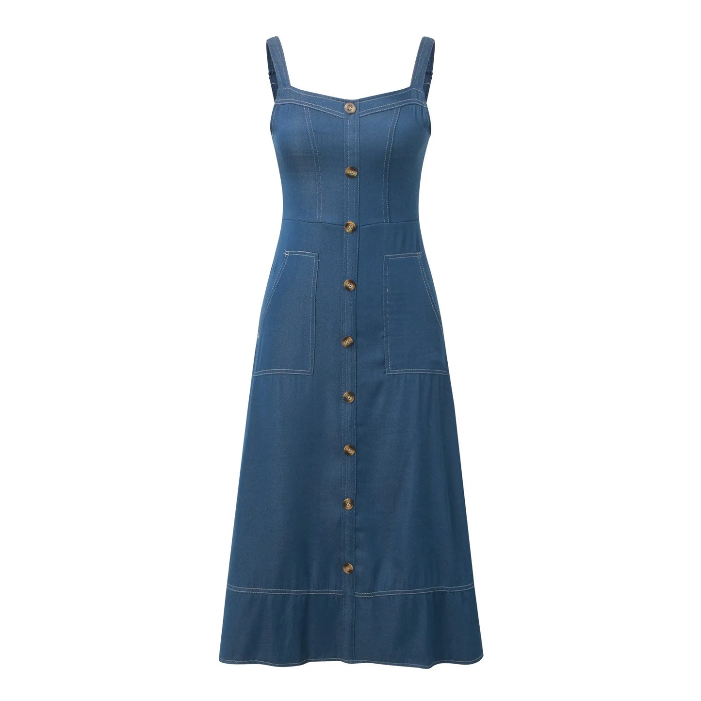 Long Denim Dress  Suspender Casual Button