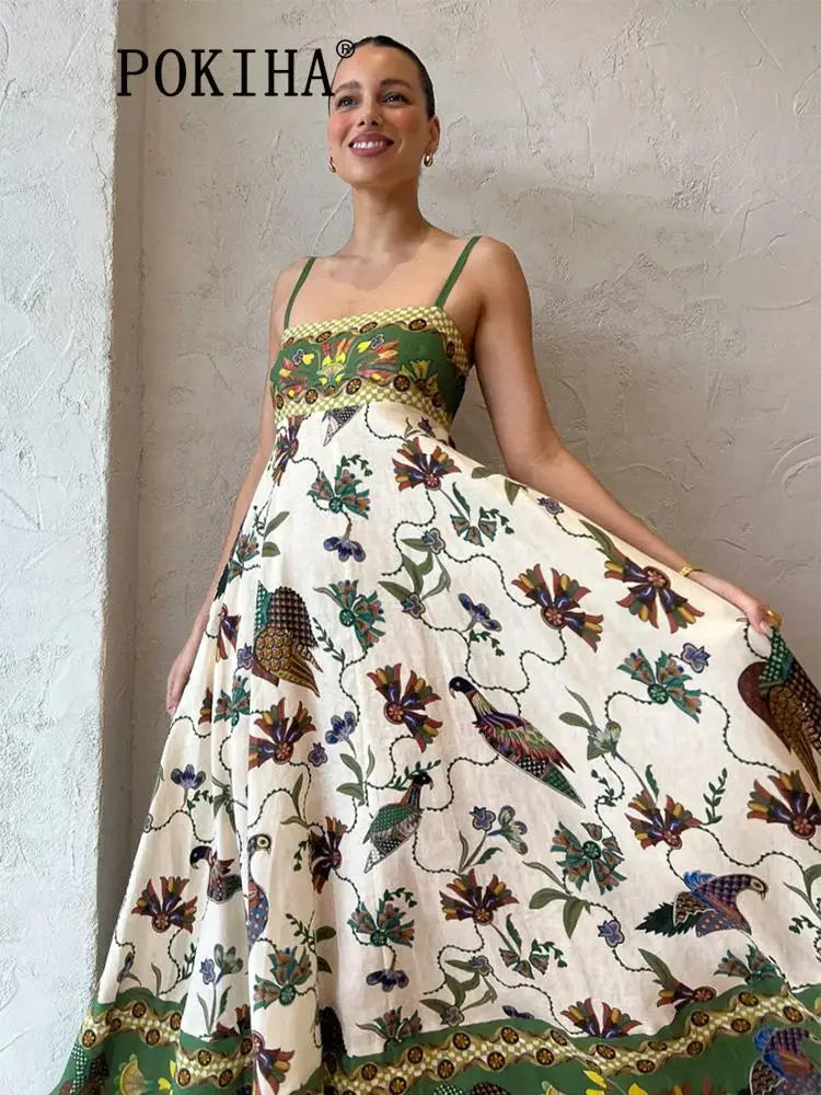 Holiday Vintage Birds Printed Long Dresses