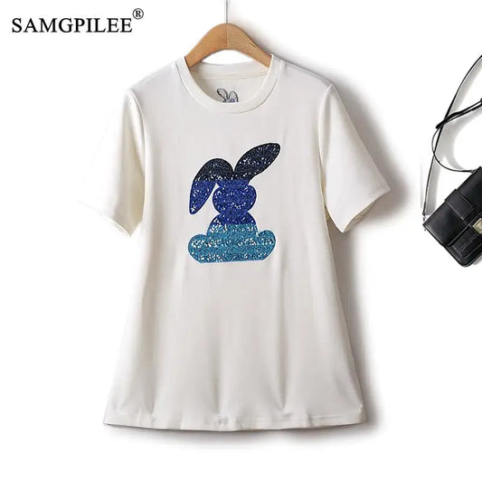 Heavy  Cotton Elastic Cartoon Figure Round Neck Short Sleeve Summer T Shirt For Women 4XL