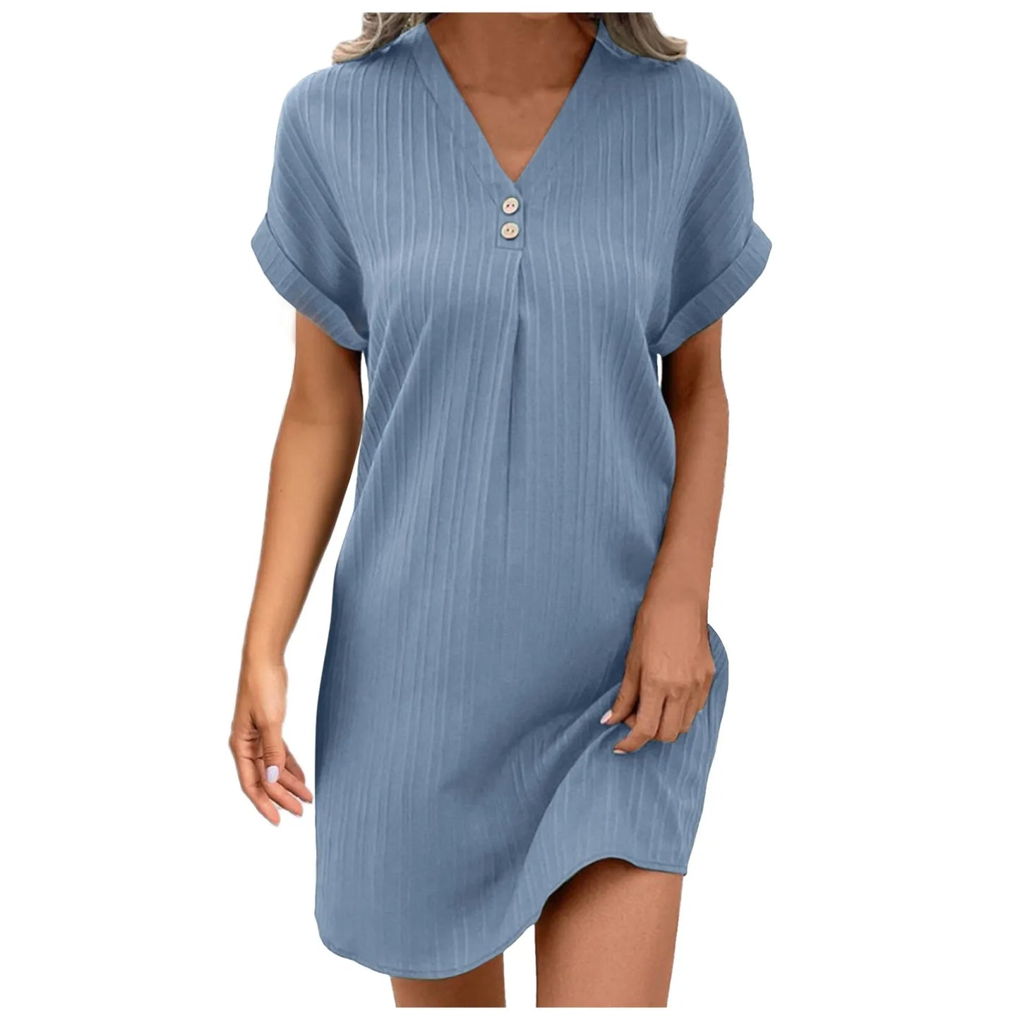 Dresses With Pockets V Neck Solid Color Pullover Comfortable Casual Button