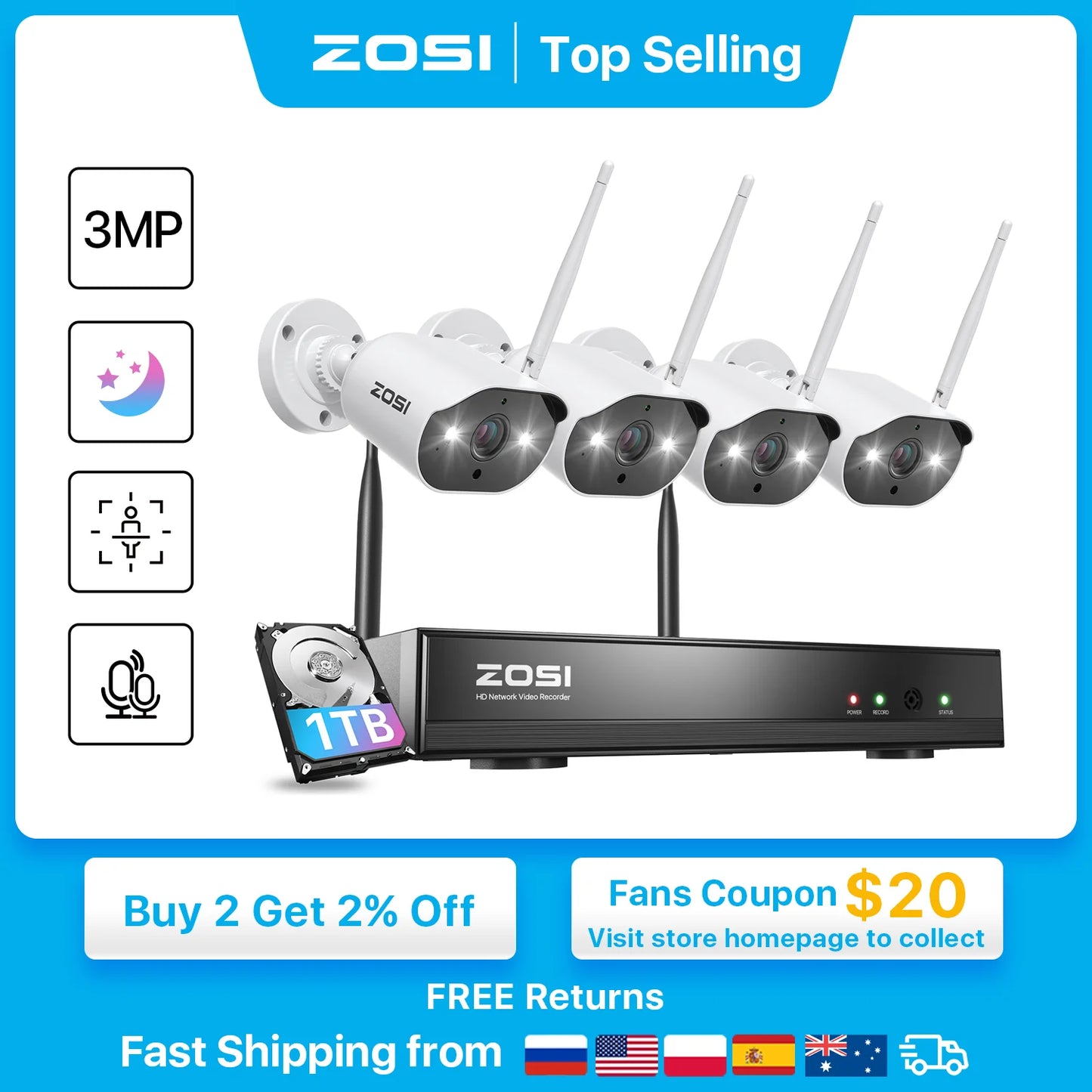 ZOSI 3MP Wireless Security Cameras System  8 channel Outdoor  WiFi