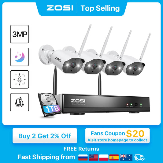 ZOSI 3MP Wireless Security Cameras System  8 channel Outdoor  WiFi