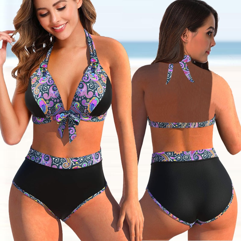 High Waist Bikini Set Female Rainbow Print (Small-Extra large)