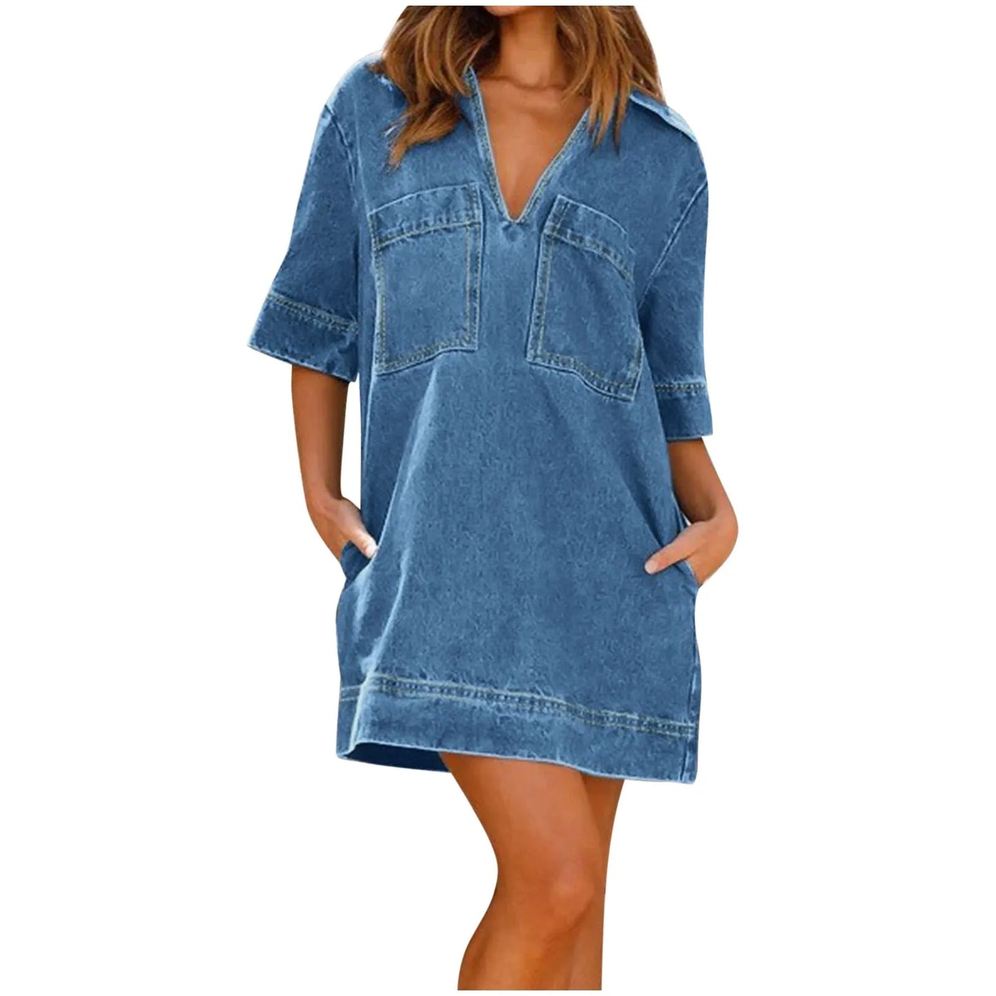 Women Denim Dress Baggy Distressed Retro V Neck Short Dress