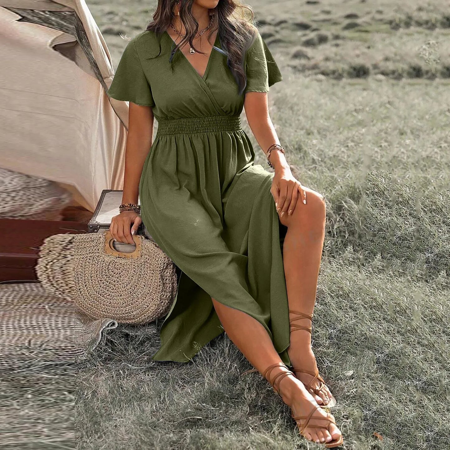 Summer Dress Fashion Waist Maxi Dress Sexy V Neck Side Slit