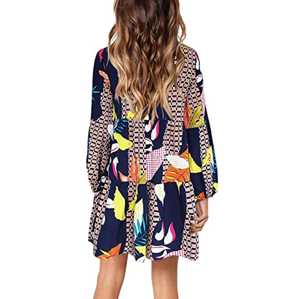 Leaf Loose Womens Maple Fashion Printed Sleeve Dress Long Swing  Summer Dress