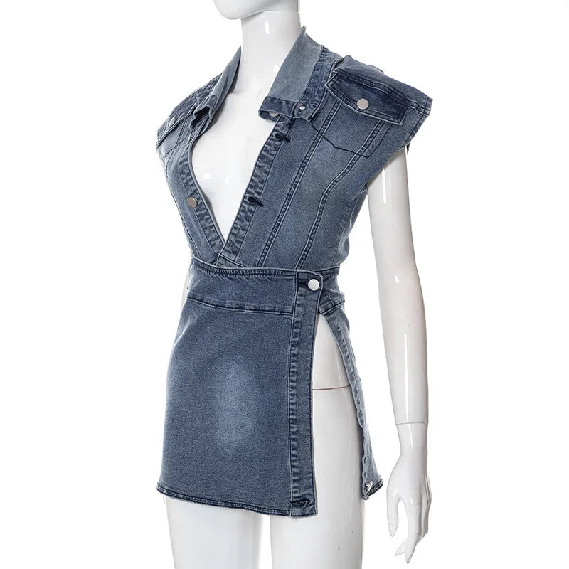 Sexy High Slit Mini Denim Dress