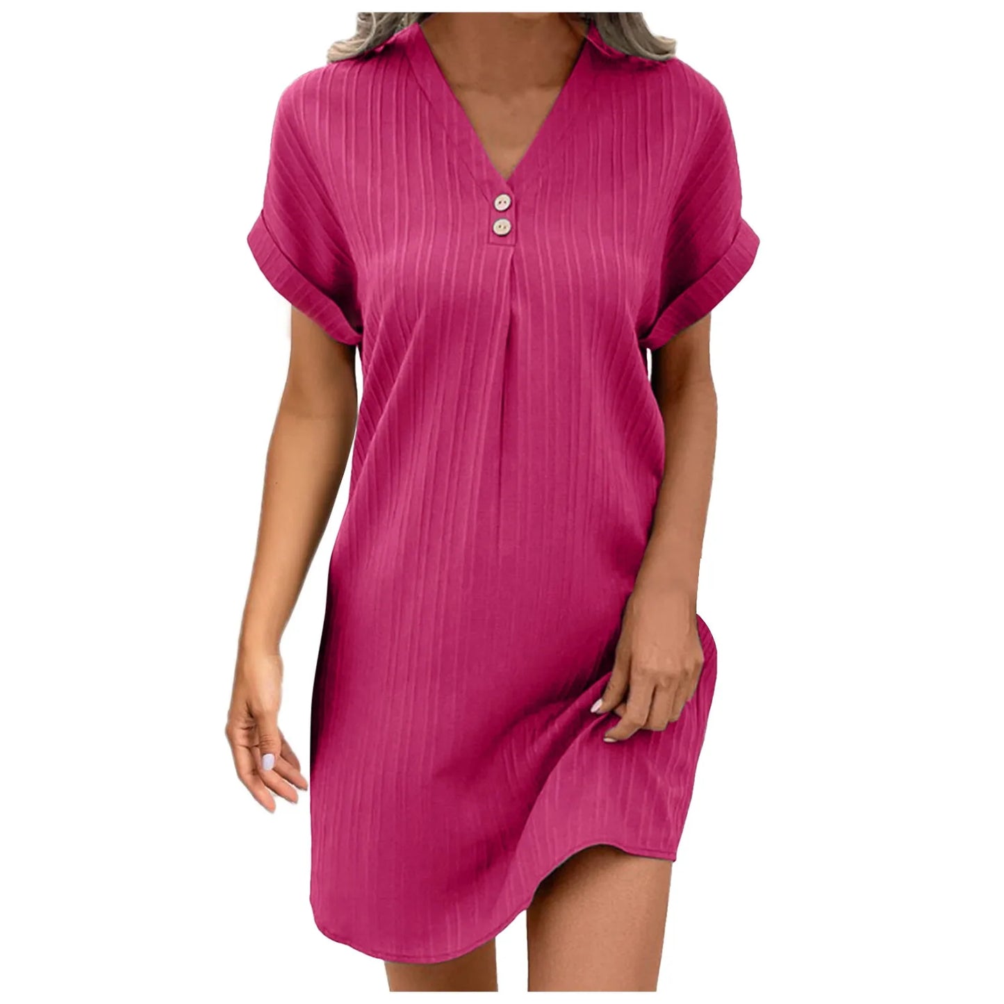 Dresses With Pockets V Neck Solid Color Pullover Comfortable Casual Button